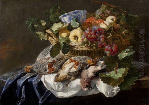 Still Life of a Jay and two Grey Partridge with Grapes, Pears, Apples and a wan-li kraak Bowl in a Basket on a Table - view 1