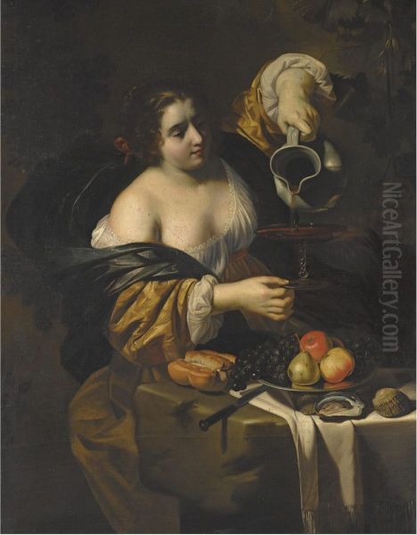 Young woman pouring red wine from a pitcher into a glass - view 1