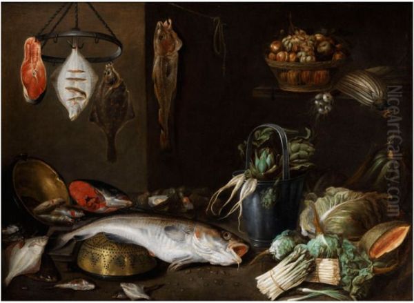 Still life with fish, fruit, vegetables and kitchen utensils - view 1