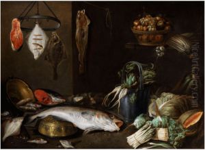 Still life with fish, fruit, vegetables and kitchen utensils by Alexander Adriaenssen