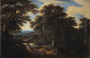 Figures on a path in an extensive wooded landscape Figures on a path in an extensive wooded landscape