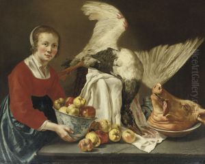 Kitchen maid holding a porcelain bowl with apples, standing by a table with a goose and a pig's head