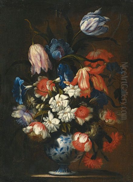 Still life with tulips, carnations and other flowers in a blue and white porcelain vase - view 1