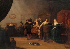 Elegant company with violin player in an interior by Adriaen Lucasz Fonteyn