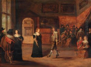 An elegant company dancing and making music in an interior by Christoffel Jacobsz van der Laemen