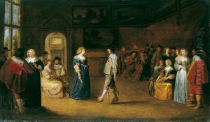 Elegant company engaging in dance, music making and conversation in an interior by Christoffel Jacobsz van der Laemen