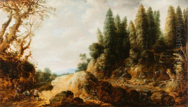 Wooded landscape with hikers, mule and goats - view 1