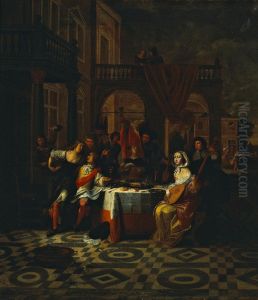 Figures gathered at a banquet Figures gathered at a banquet