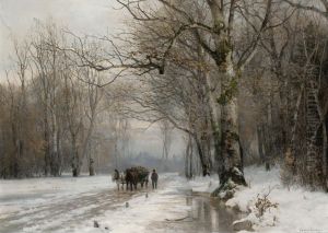 Winter landscape with a horse-drawn cart. by Anders Andersen-Lundby