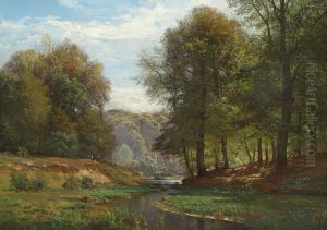 Two children in late summer at the edge of a river through the woods. by Anders Andersen-Lundby
