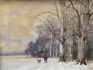 Jaeger med hund i skovkanten. by Anders Andersen-Lundby
