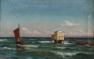 A fishing boat near a bathing jetty.