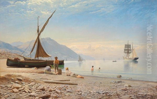 Fishermen and bathing children at an Italian beach. - view 1