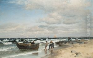 Fishermen on a beach. by Anders Andersen-Lundby
