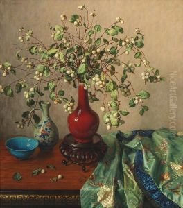 Still life with snowberries in a chinese vase. by Wilhelm Andersen