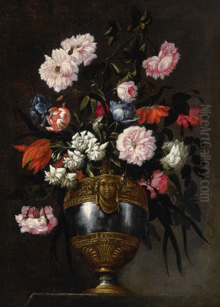 Still life of roses, tulips, anemones and peonies in a vase ornamented with a grotesque mask - view 1