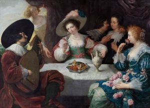 An elegant company seated at a table (Allegory of the five senses) by Jan Cossiers