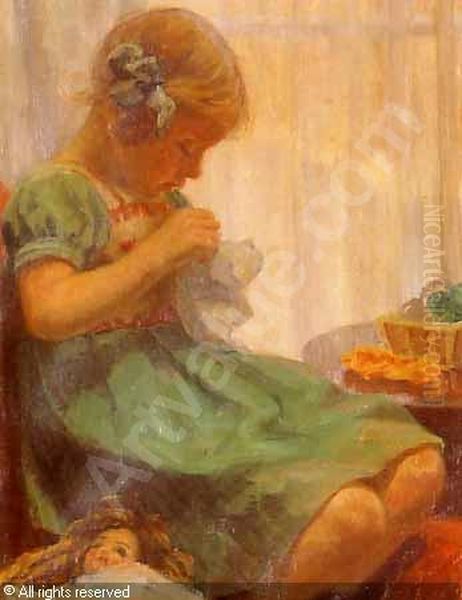 Interior with a girl sewing. - view 1