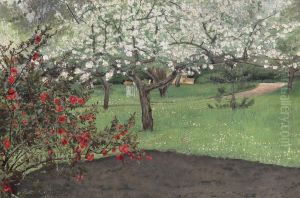 Chaenomeles japonica and apple trees in bloom by Laurits Andersen Ring