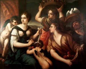 Venus blindfolding Cupid.