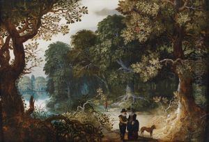 An elegant couple strolling through the forest by Abraham Govaerts