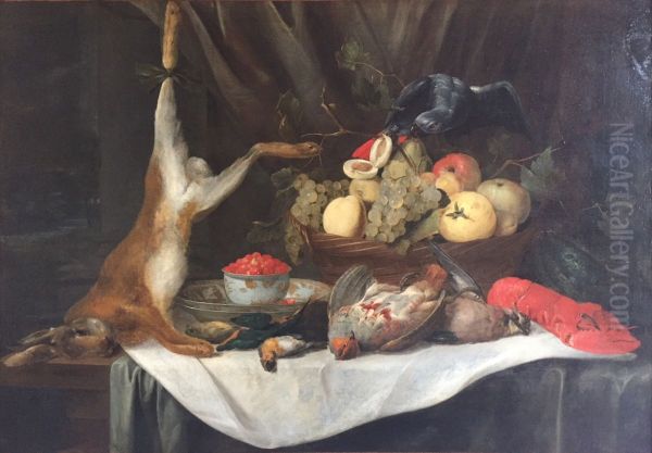 Still life with a hare, fruit basket and game on a table - view 1