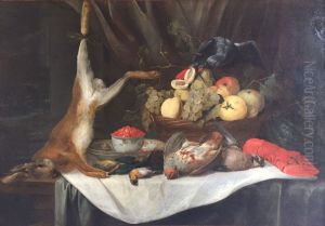 Still life with a hare, fruit basket and game on a table