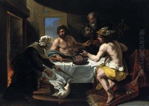 Peasants Philemon and Baucis visited by Jupiter and Mercury.