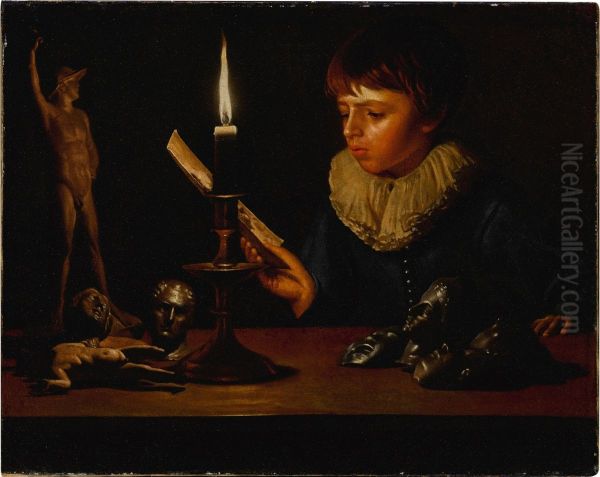 Boy behind a table with statuettes reading by candlelight - view 1