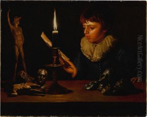 Boy behind a table with statuettes reading by candlelight by Adam de Coster