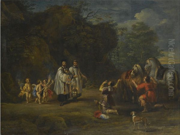 A nobleman and his servant dismount to honour the blessed sacrament. - view 1