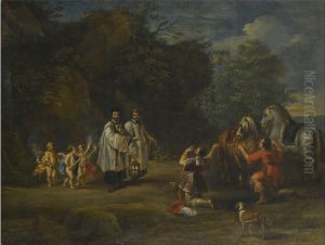 A nobleman and his servant dismount to honour the blessed sacrament.