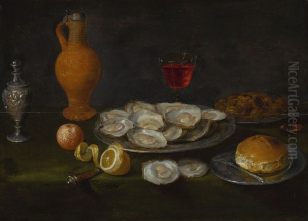 Still life with oysters, chestnuts, all on pewter plates, together with a peeled lemon, an orange and other items on a table - view 1