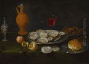 Still life with oysters, chestnuts, all on pewter plates, together with a peeled lemon, an orange and other items on a table by Jacob van Es