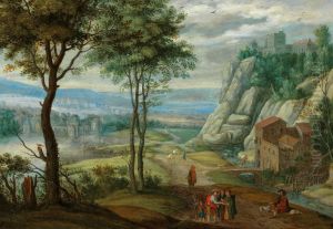 Wooded rocky landscape with pilgrims