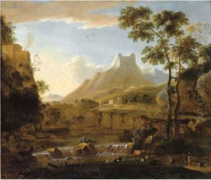 River landscape with shepherds and herdsmen and the Apuan Alps in the background