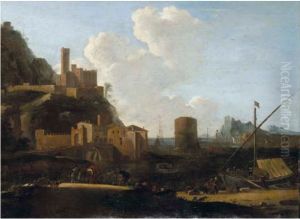 View of a Mediterranean port; and Landscape of Latium with wayfarers