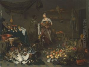 Kitchen interior with a maid and a servant conversing, with an abundance of game, fruit and vegetables