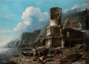 Coastal landscape with ruined tower and fishermen by Antonio Travi