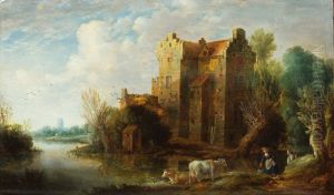 River landscape with a shepherdess, her cows and a hunter near a fortified house by Gillis Peeters