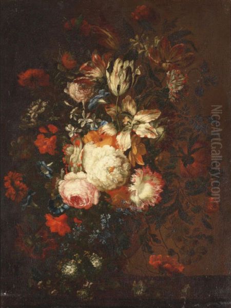 Roses, tulips, violets and other flowers in a glass vase on a wooden ledge - view 1