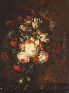 Roses, tulips, violets and other flowers in a glass vase on a wooden ledge by Jan Pieter Brueghel
