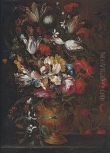 Roses, tulips, irises and other flowers in a bronze urn on a stone ledge by Jan Pieter Brueghel