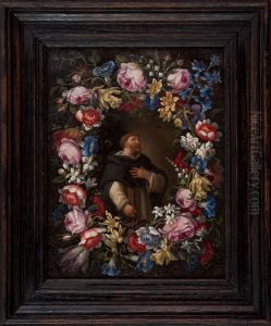 Monk in a flower wreath by Jan Pieter Brueghel