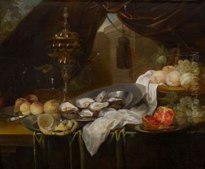 Still life with gold cup, Facon de Venise glassware, fruits and oysters