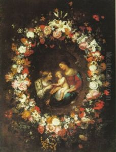 The mystic marriage of Saint Catherine, surrounded by an oval garland of flowers by Jan Pieter Brueghel