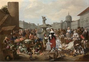 Market scene in an imaginary Italian town by Mattheus van Helmont