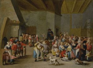 Interior scene with merry-making figures by Mattheus van Helmont