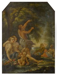 Nymphs and a cherub by a woodland stream by Filippo Lauri