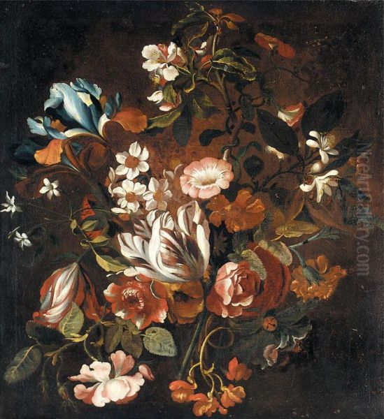Still life with tulips, narcissi, morning glory, irises, roses, orange blossom and chrysanthemums - view 1
